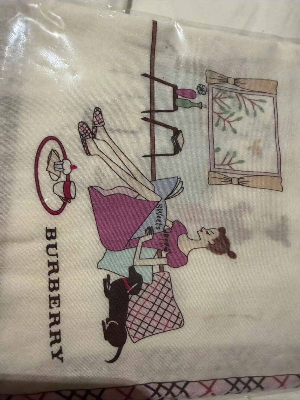 Burberry Cream Silk Scarf with Pink & Black Print - Picture 6 of 6